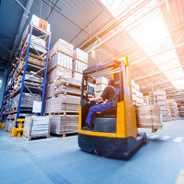 Inside a large warehouse